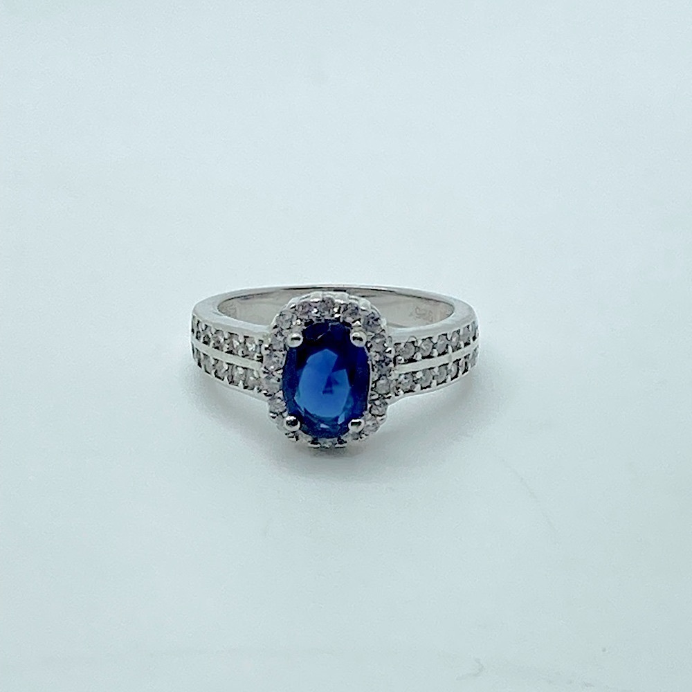 Vtg Sterling Blue & Clear / White Cz Halo Double Row Half Eternity Band Sz 5.75